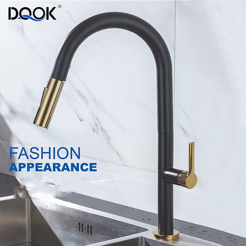 DQOK New Design Kitchen Faucet 2021 Flexible Hose Pull Out Pull Down Black Gold Kitchen Sink Faucet