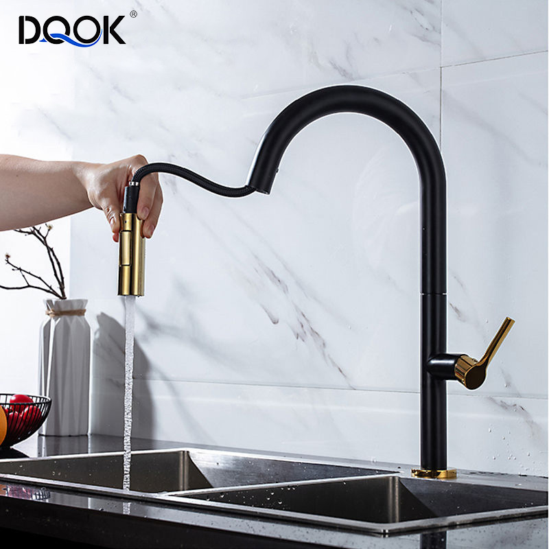 DQOK New Design Kitchen Faucet 2021 Flexible Hose Pull Out Pull Down Black Gold Kitchen Sink Faucet