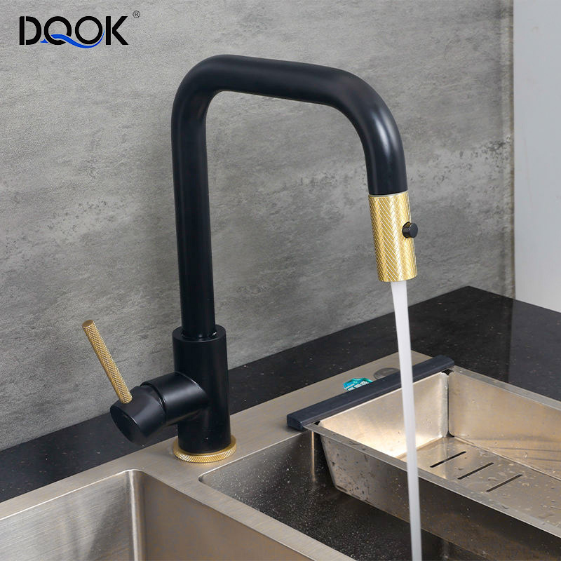 DQOK 304 Stainless Steel Kitchen Sink Faucet Black Gold Knurled Pull Down Sprayer Kitchen Faucet