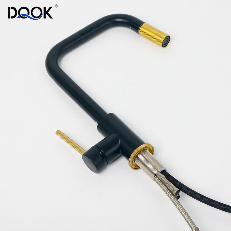 DQOK 304 Stainless Steel Kitchen Sink Faucet Black Gold Knurled Pull Down Sprayer Kitchen Faucet