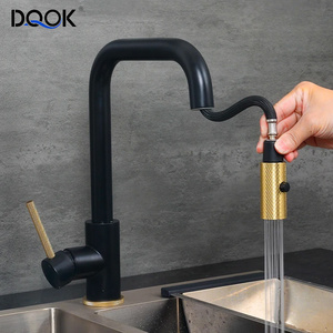 DQOK 304 Stainless Steel Kitchen Sink Faucet Black Gold Knurled Pull Down Sprayer Kitchen Faucet