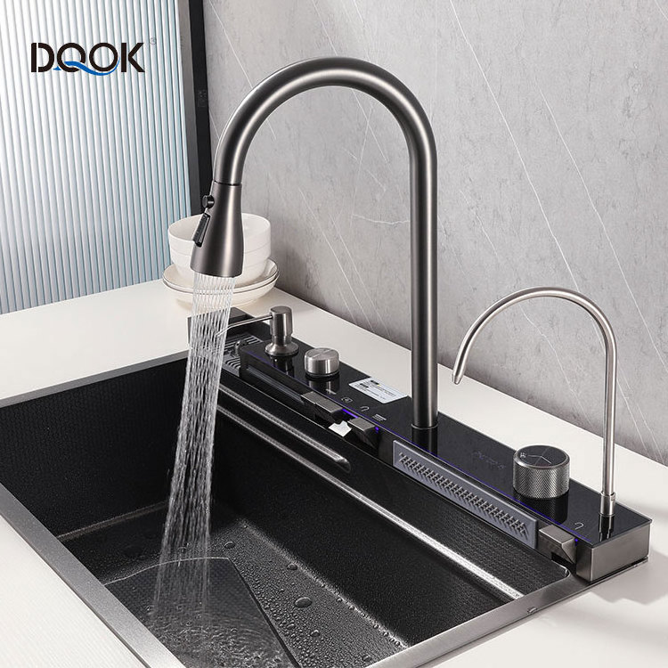 2023 New Smart Single Bowl Digital Kitchen Sink 304 Stainless Steel Piano Key Waterfall Faucet Kitchen Sink With Glass Rinser