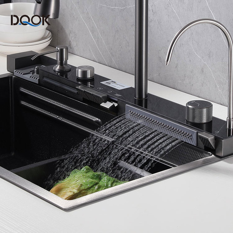 2023 New Smart Single Bowl Digital Kitchen Sink 304 Stainless Steel Piano Key Waterfall Faucet Kitchen Sink With Glass Rinser