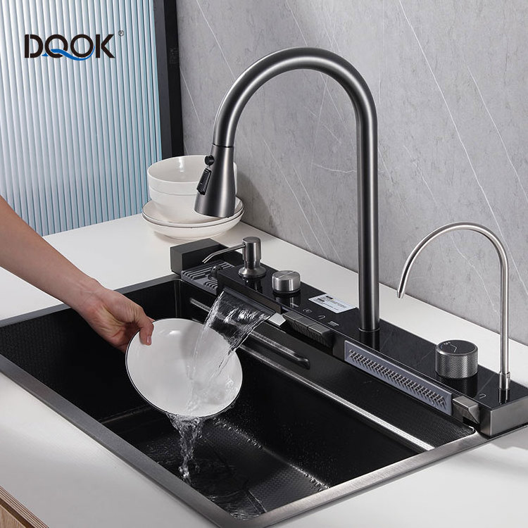 2023 New Smart Single Bowl Digital Kitchen Sink 304 Stainless Steel Piano Key Waterfall Faucet Kitchen Sink With Glass Rinser