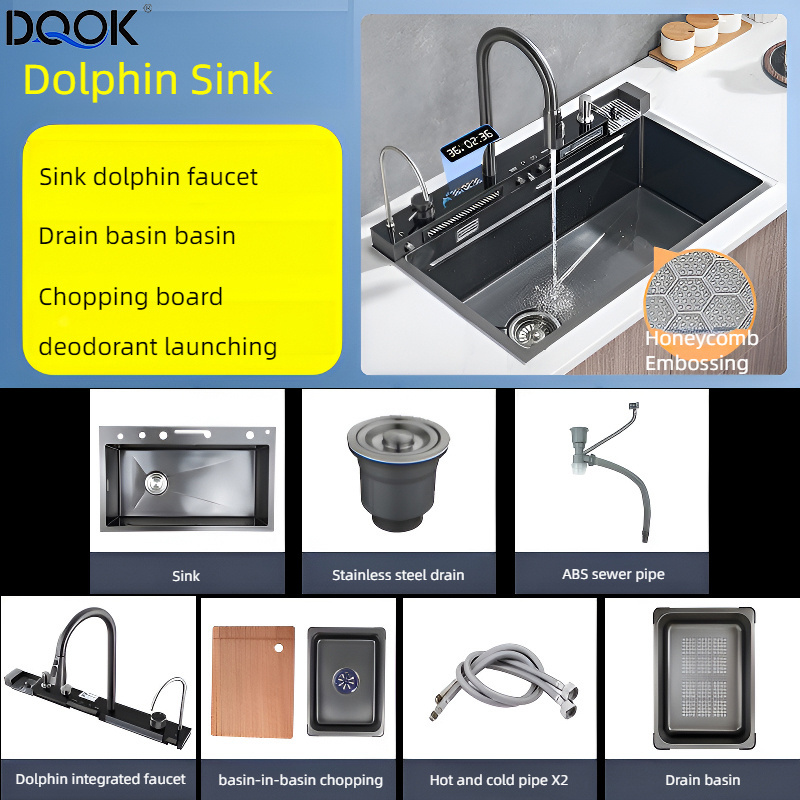 DQOK New 304 Stainless Steel Kitchen Sink Multifunctional Brass Stainless Steel Waterfall Kitchen Faucet