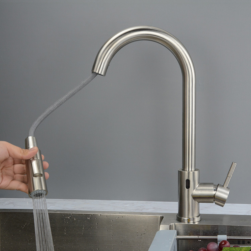 Automatic Smart Sensor Tap 304 Stainless Steel Touchless Kitchen Faucet With Pull Down Sprayer