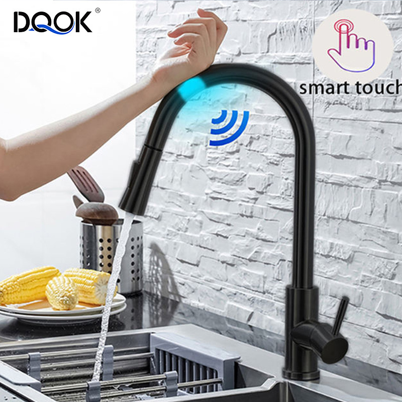 DQOK 360 Degree Rotatable Touch Sensor Kitchen Sink Faucet Pull Out Brushed Brass Smart Pull Down Kitchen Faucet