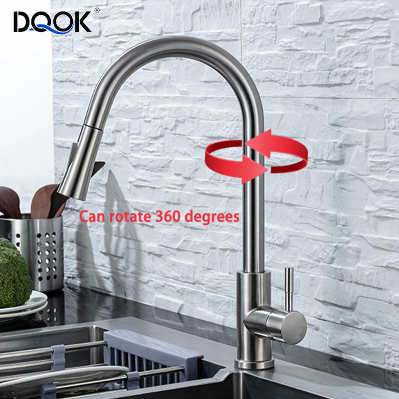 DQOK 360 Degree Rotatable Touch Sensor Kitchen Sink Faucet Pull Out Brushed Brass Smart Pull Down Kitchen Faucet