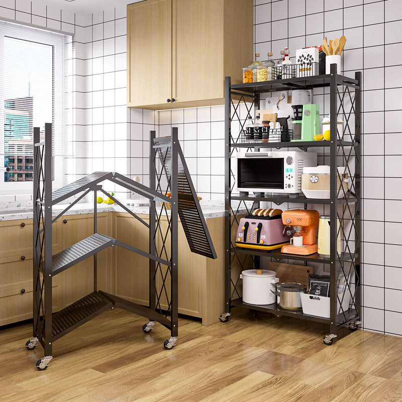 Wholesale Portable 3/4/5 Tier Folding Steel Storage Rack Organizer Kitchen Rack with Wheels