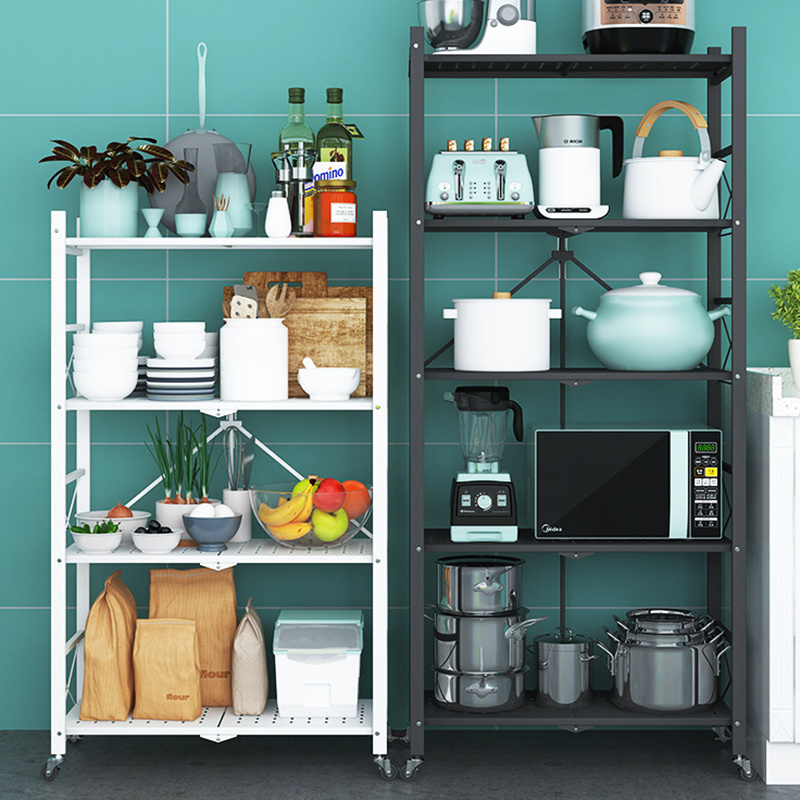 Wholesale Portable 3/4/5 Tier Folding Steel Storage Rack Organizer Kitchen Rack with Wheels