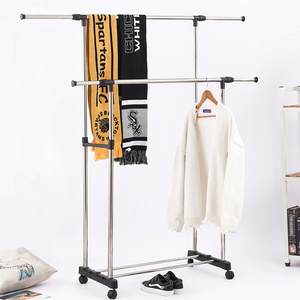 Factory Price Adjustable Height Double Poles Stainless Steel Movable Clothing Drying Rack Stand