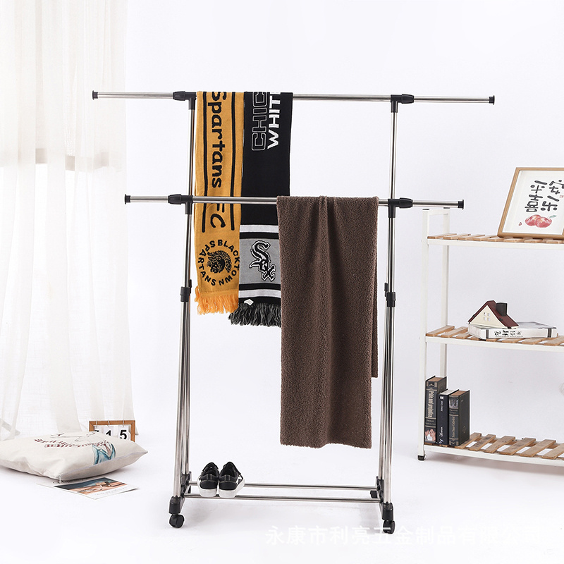 Factory Price Adjustable Height Double Poles Stainless Steel Movable Clothing Drying Rack Stand