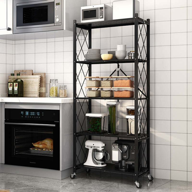 Wholesale Portable 3/4/5 Tier Folding Steel Storage Rack Organizer Kitchen Rack with Wheels