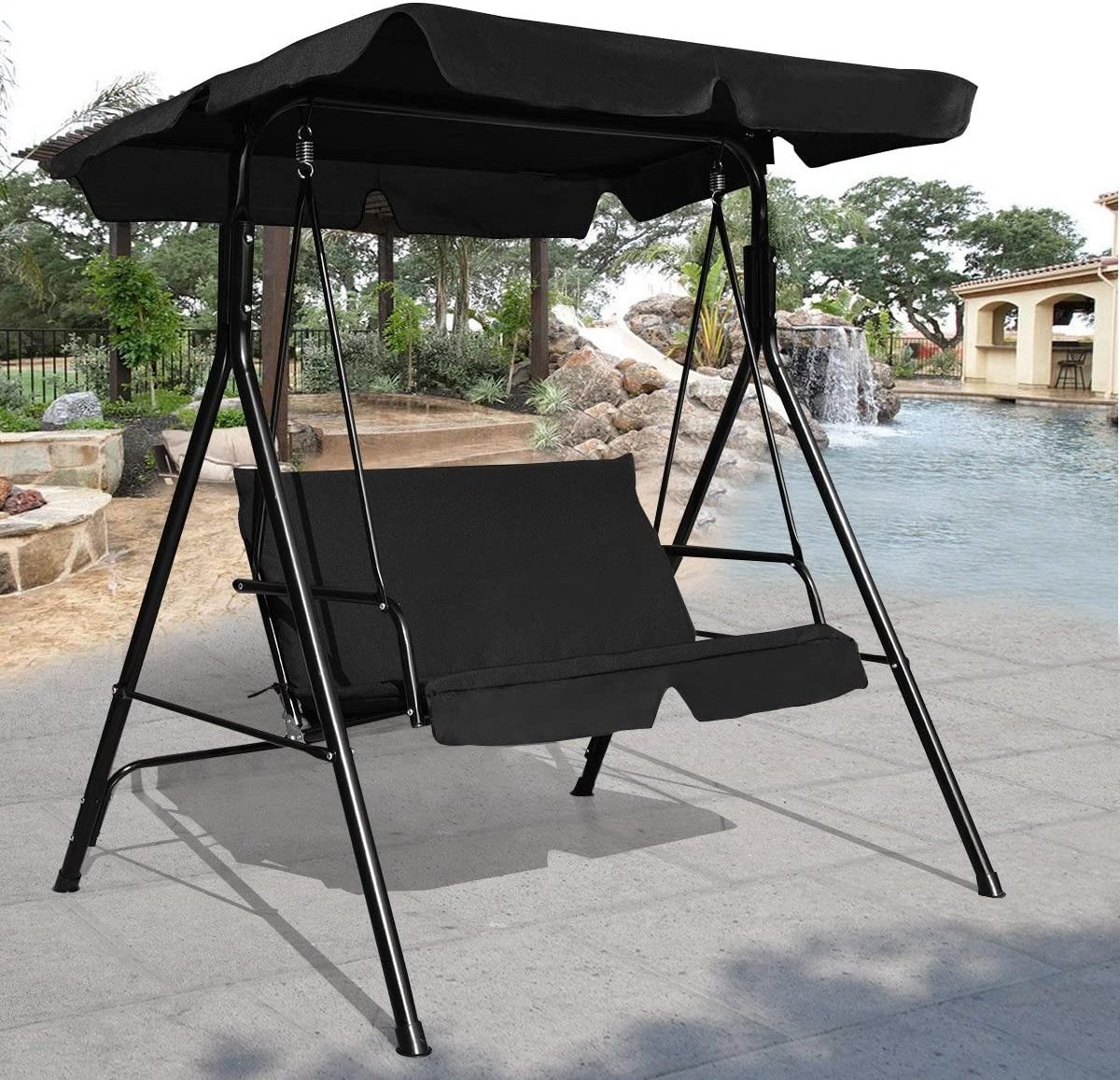 Swing Chair, Hanging Porch Bench for Garden Pool Backyard with Canopy, Adjustable Screen Cushions Patio Steel 2023 Outdoor Black