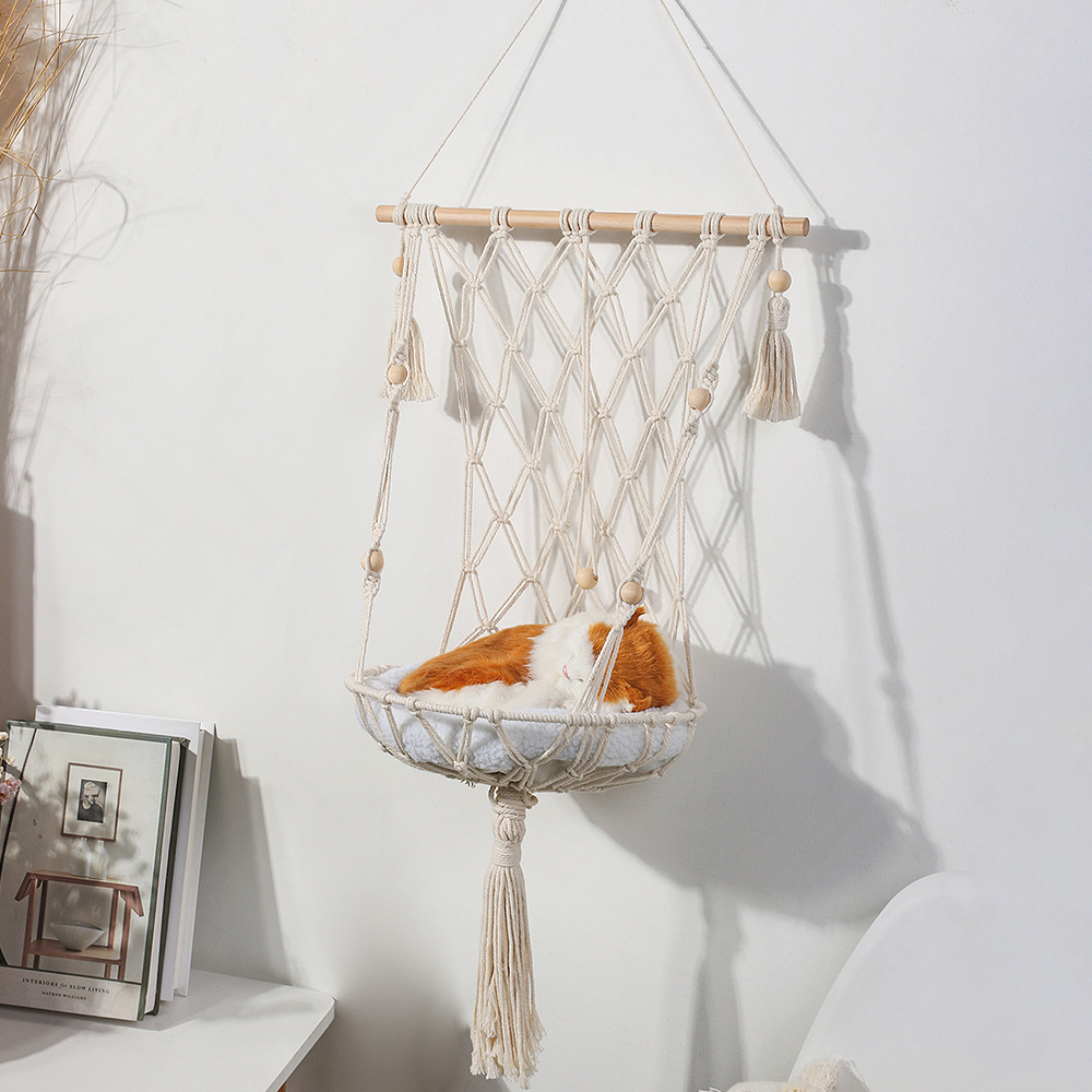 Indoor Hand Woven Comfortable Bohemian Swing hanging basket bed Macrame Cat Hammock