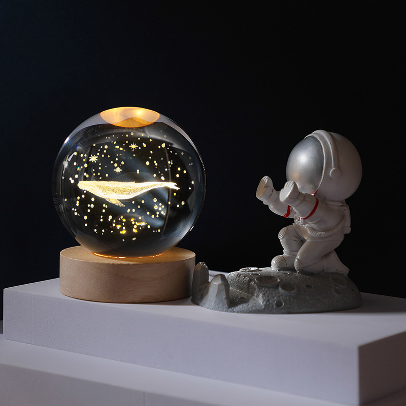 Wholesale  Creative Glass Solar System Planet Sphere 3D Laser Engraved Galaxy Crystal Ball with Wood LED Light Night Lamp