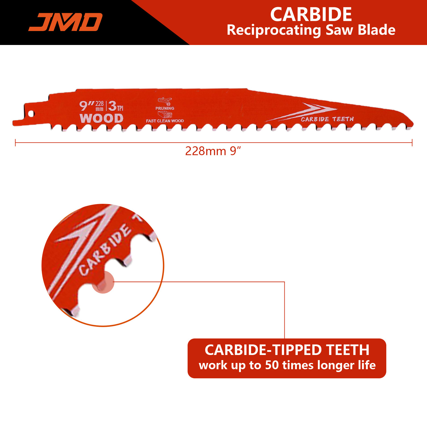 JMD Carbide Reciprocating Saw Blade 9INCH 3TPI Carbide Tips Wood Saw Cutting Blade Carbide Sawzall Blades