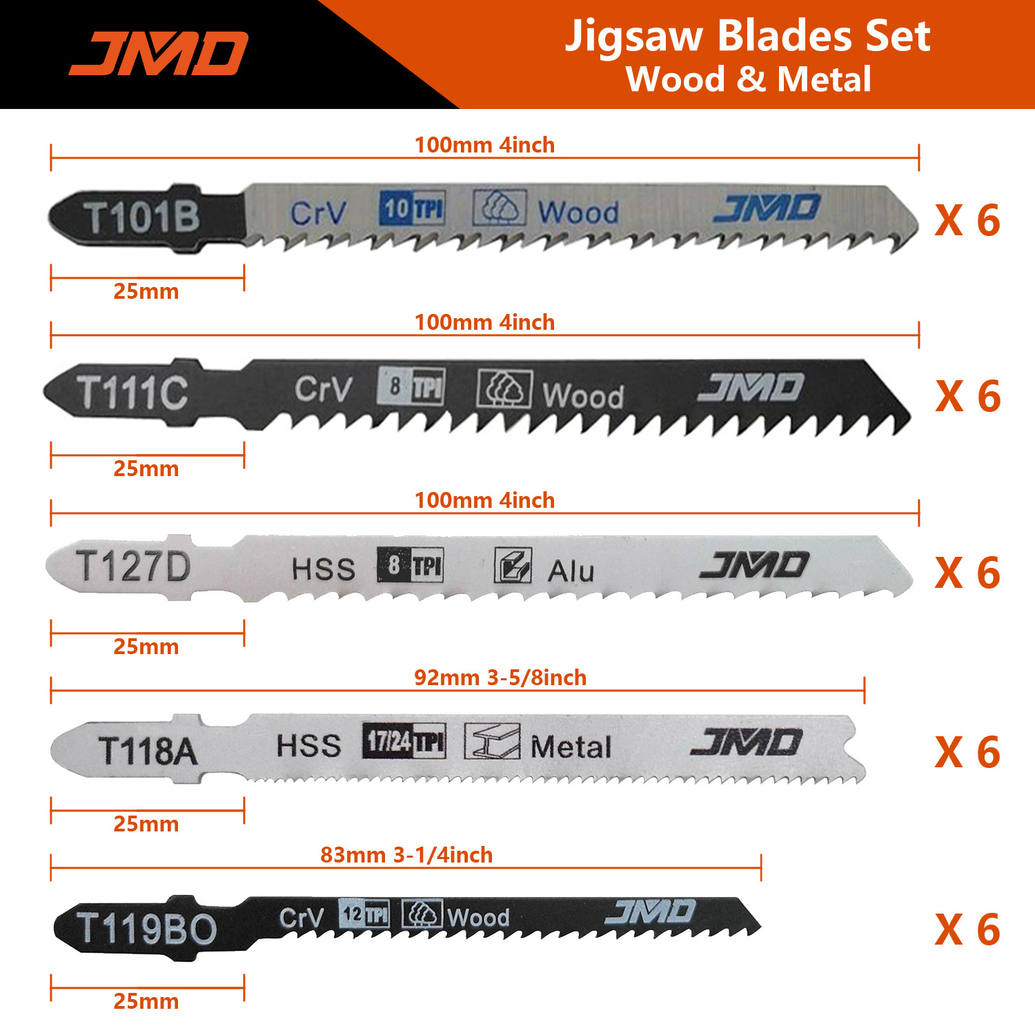 JMD Jig Saw 30pcs Jig Saw Blade Set T111C T119BO T118A T127D T101B Jigsaw Blades for Wood and Metal Cutting