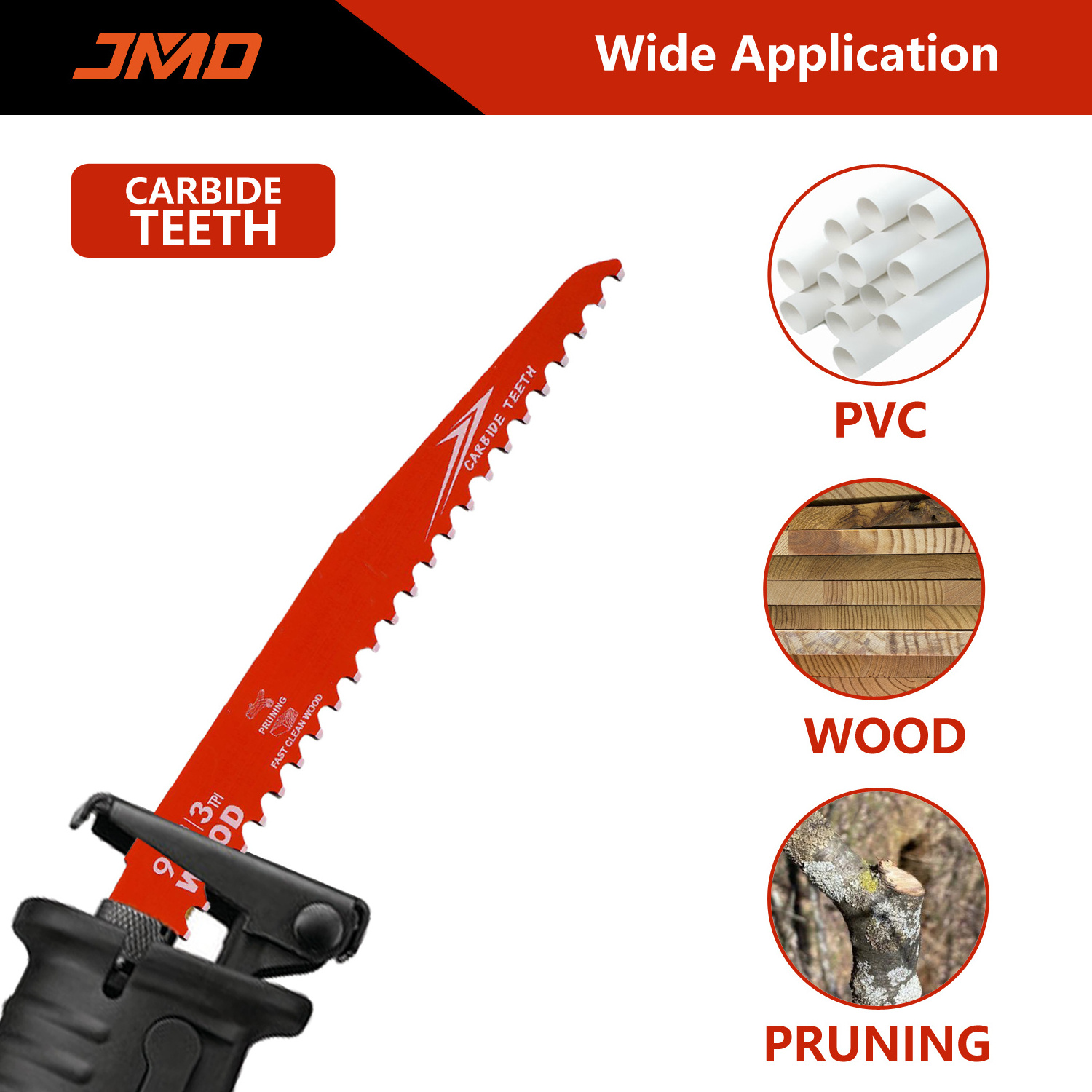 JMD Carbide Reciprocating Saw Blade 9INCH 3TPI Carbide Tips Wood Saw Cutting Blade Carbide Sawzall Blades