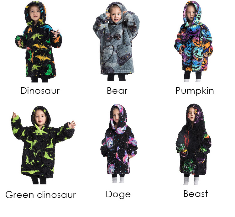 Custom hooded warm Kids Printed TV Flannel Blanket Hoodie Cute Children's Wearable Blanket oversized baby Hoodie Blanket