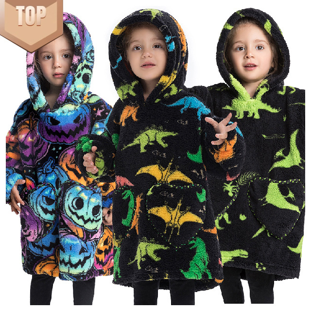 Custom hooded warm Kids Printed TV Flannel Blanket Hoodie Cute Children's Wearable Blanket oversized baby Hoodie Blanket