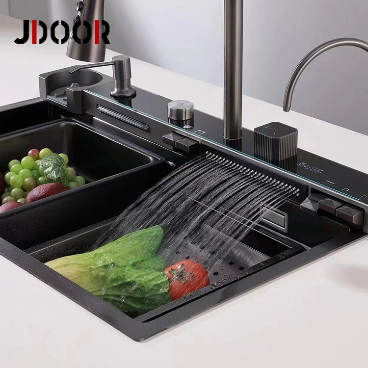 JDOOR Fregadero De Cocina Multifuncional Zhongshan Matt Black Waterfall Kitchen Sink Digital With Rainfall Faucet