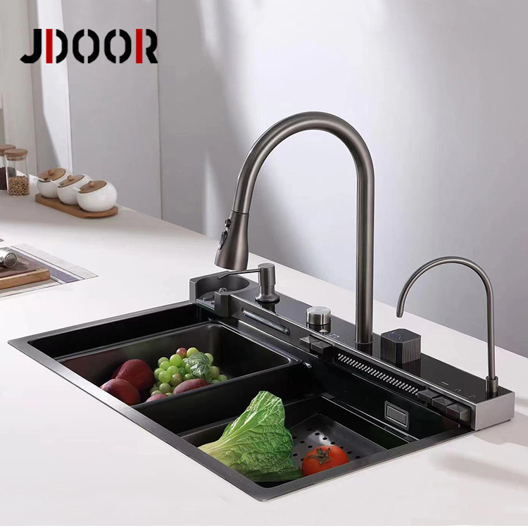 JDOOR Fregadero De Cocina Multifuncional Zhongshan Matt Black Waterfall Kitchen Sink Digital With Rainfall Faucet