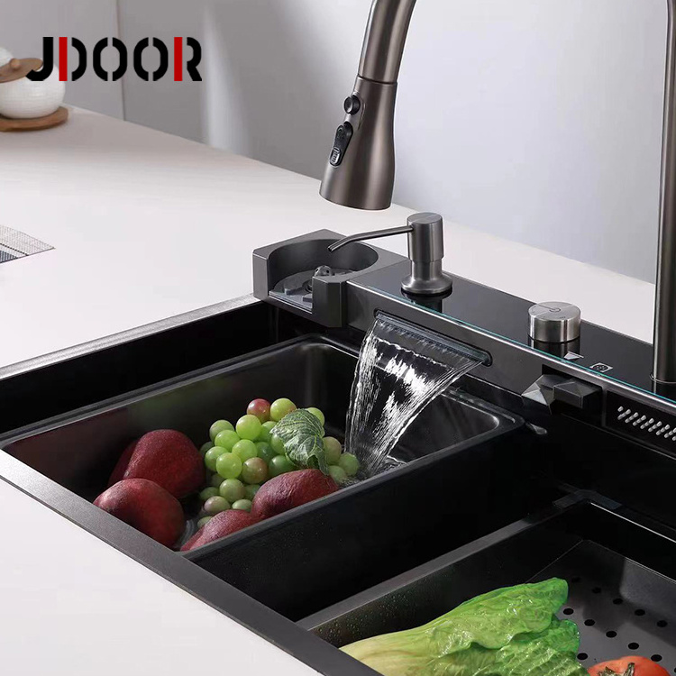 JDOOR Fregadero De Cocina Multifuncional Zhongshan Matt Black Waterfall Kitchen Sink Digital With Rainfall Faucet