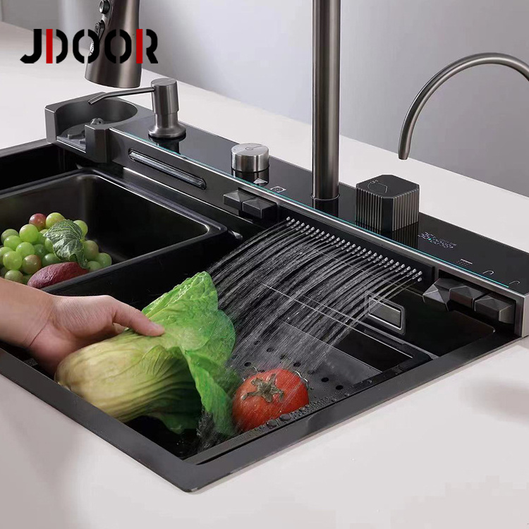 JDOOR Fregadero De Cocina Multifuncional Zhongshan Matt Black Waterfall Kitchen Sink Digital With Rainfall Faucet