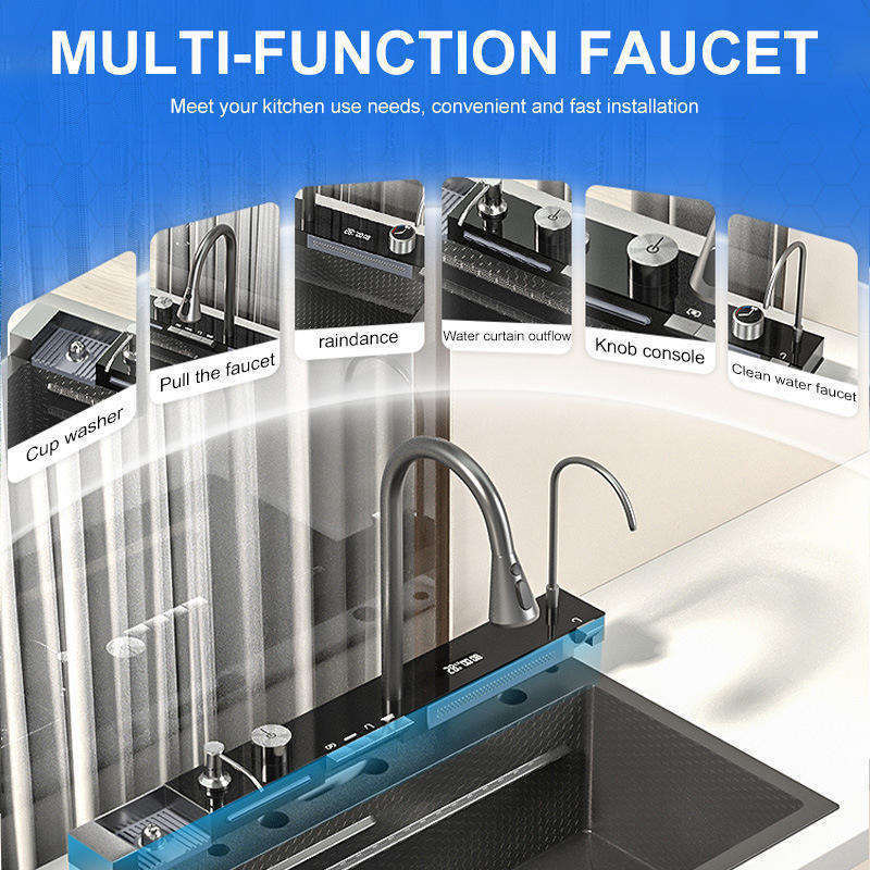 Rectangular 304 Bowl Undermount Stainless Steel Apron Farmhouse Handmade Smart Waterfall Multifunction Kitchen Sink