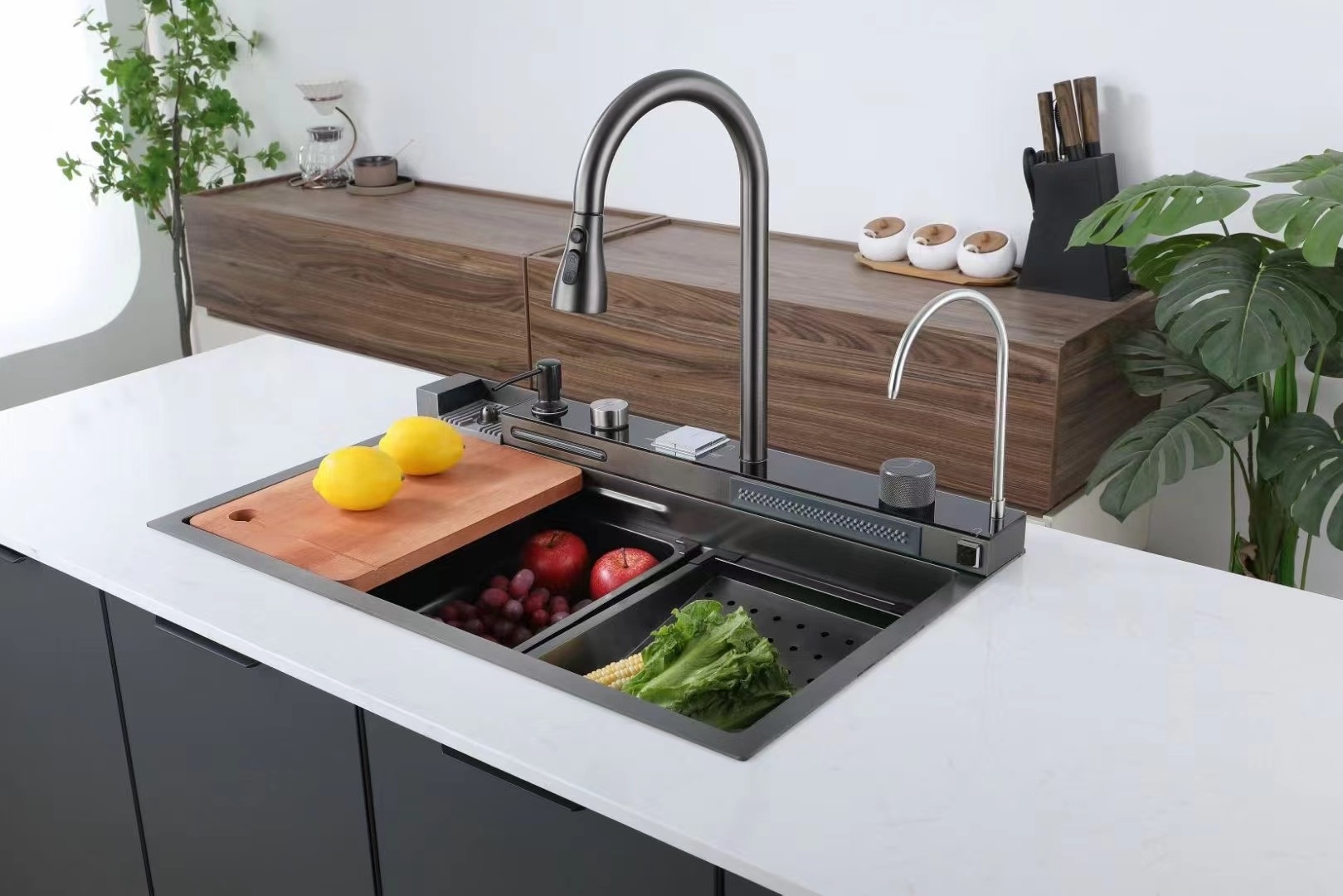 Multifunctional pull-out kitchen mixer faucet sink Single Bowl Under Mount stainless steel waterfall kitchen sink