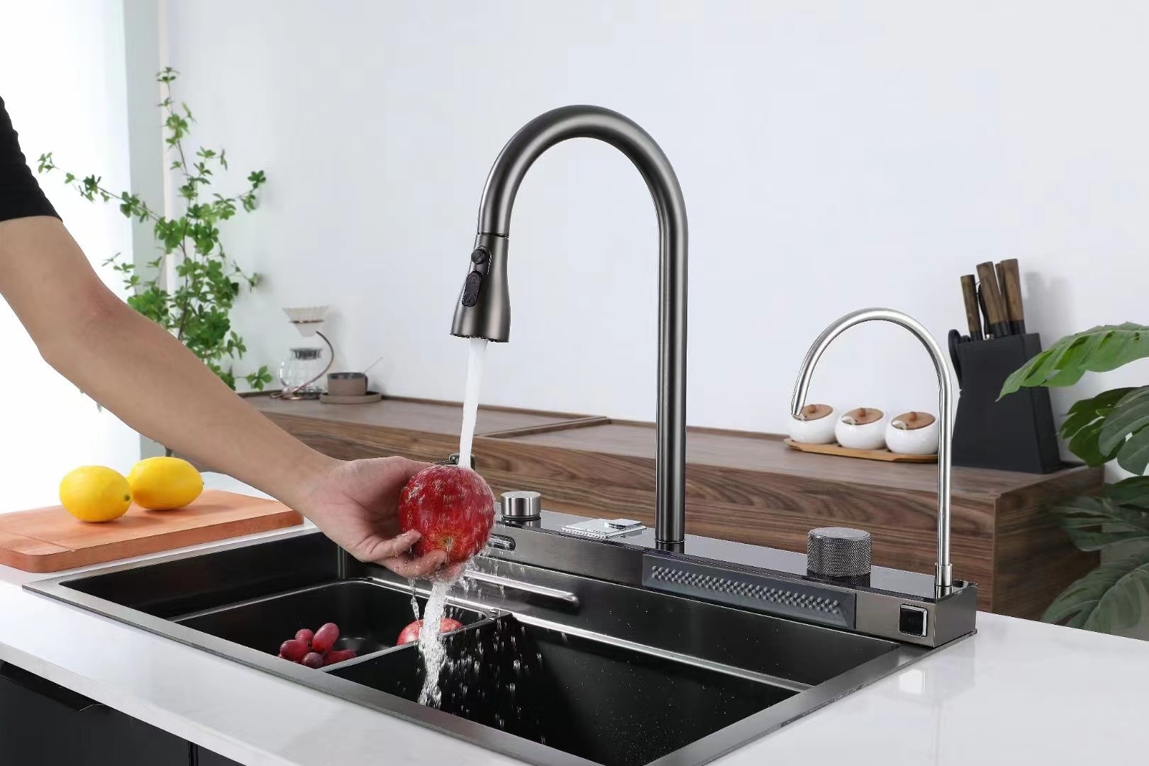 Multifunctional pull-out kitchen mixer faucet sink Single Bowl Under Mount stainless steel waterfall kitchen sink