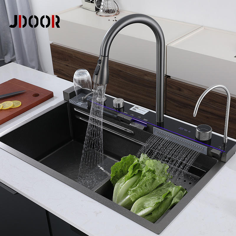 JDOOR Black LED Handmade Undermount SUS304 /201 Smart Waterfall Glass Rinser Multifunction Kitchen Sink With DIgital Display