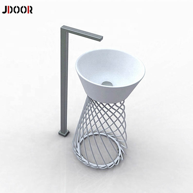 Art Design Free Standing Pedestal Sink Stone Composite Washbasin Hand Washing Basin Sink Black Bathroom Shampoo Sinks Round