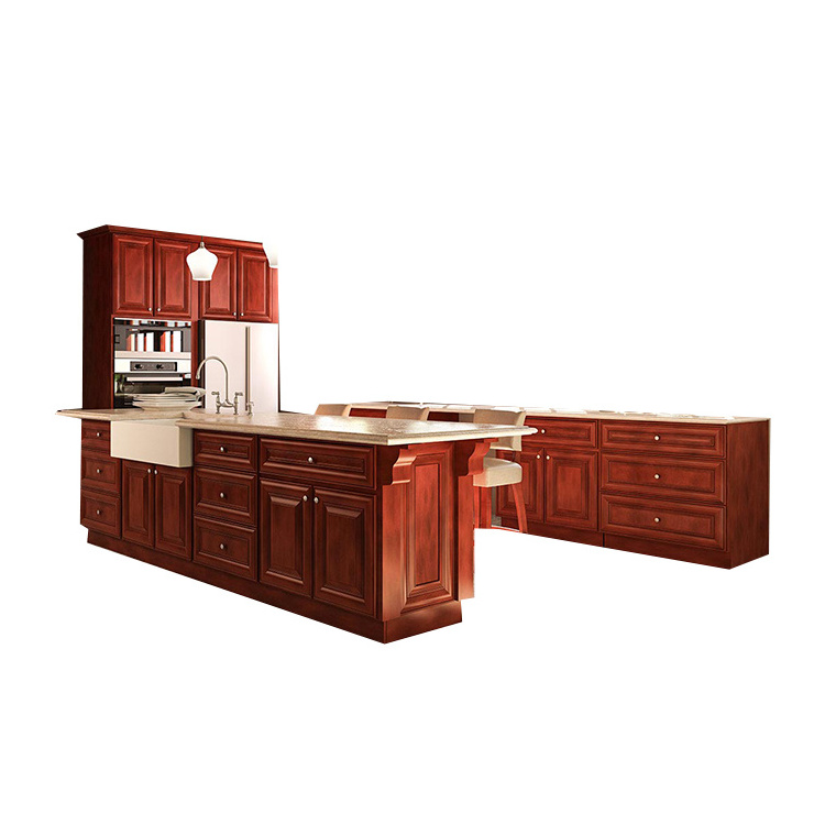 Traditional American US Style Completed Full Set Original Solid Wood Deep Brown Kitchen Cabinets Modern Kitchen Furniture Sets