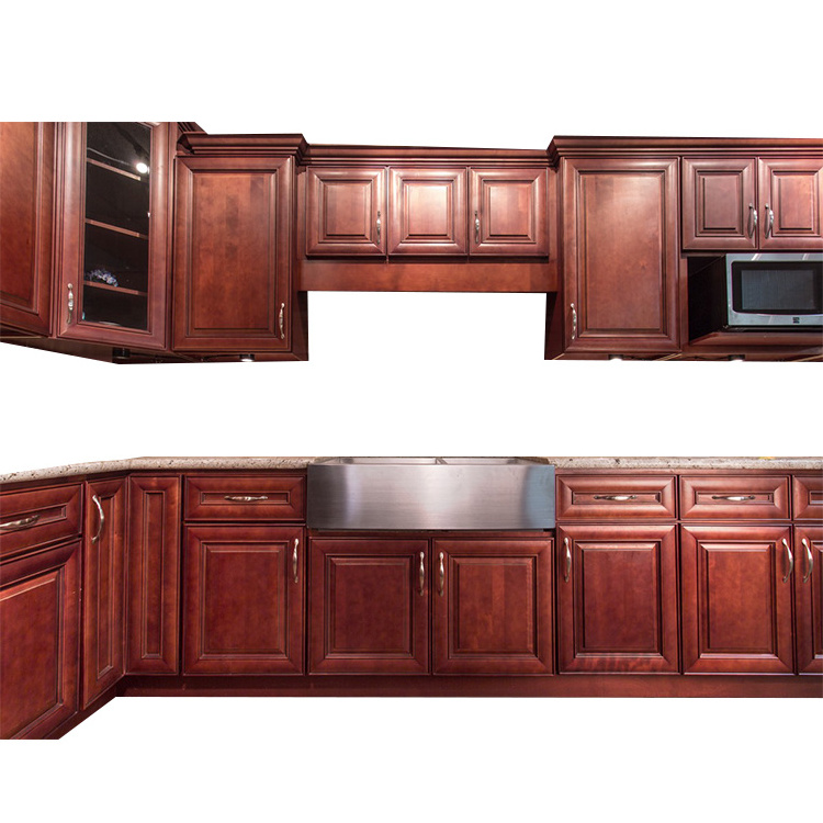 Traditional American US Style Completed Full Set Original Solid Wood Deep Brown Kitchen Cabinets Modern Kitchen Furniture Sets