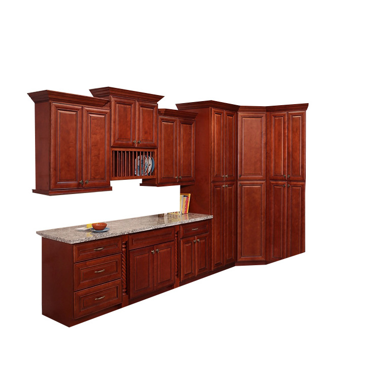 Traditional American US Style Completed Full Set Original Solid Wood Deep Brown Kitchen Cabinets Modern Kitchen Furniture Sets