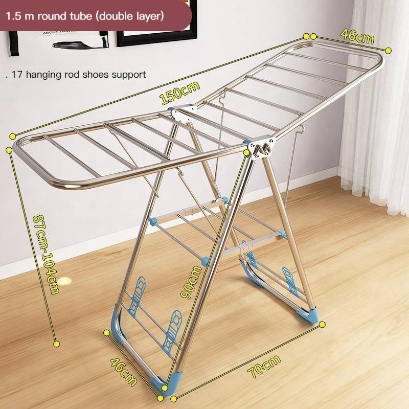 Stainless steel clothes drying rack foldable drying shelf wing-shaped multi-rod indoor balcony baby clothes hanger