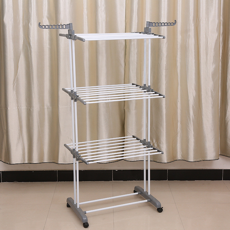 Floor-to-ceiling perforated drying rack Removable and retractable three-tier towel rack Multifunctional household balcony foldi