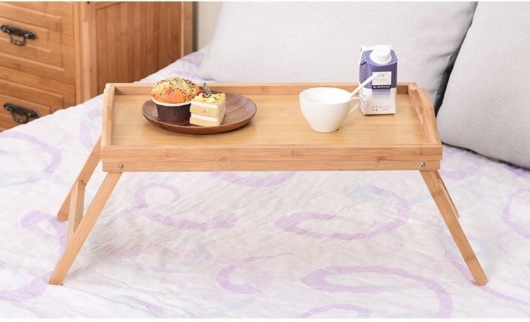 Bamboo Bed Tray Table with Foldable Legs Breakfast Desk for Sofa Bed Snacks Picnics Eating Working Grey