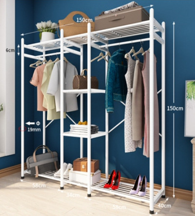 Free Standing 4-Tier Storage Shelf Closet Organizer White 3 Rod Garment Wardrobe Clothes Rack with ShoeShelves