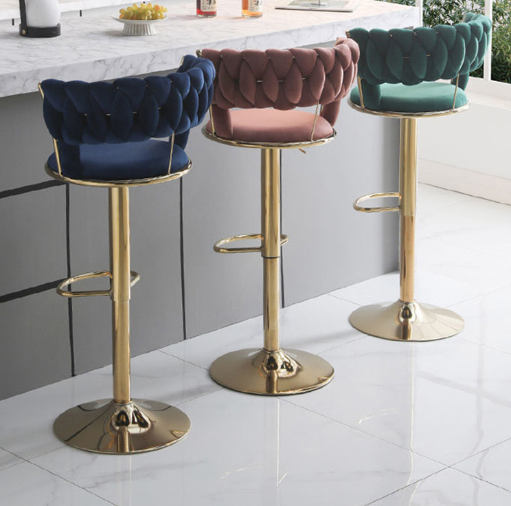 Nordic modern velvet swivel adjustable hydraulic 360 degree swivel seat top bar chair stool with metal base