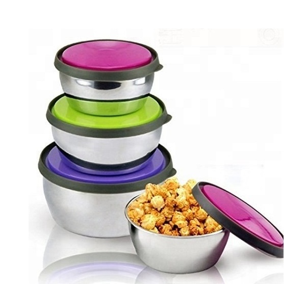 Latest Design Round Shape Stainless Steel Food Storage Bowl With Colored Lid Picnic Salad Bowl Food Storage Container Lunchbox