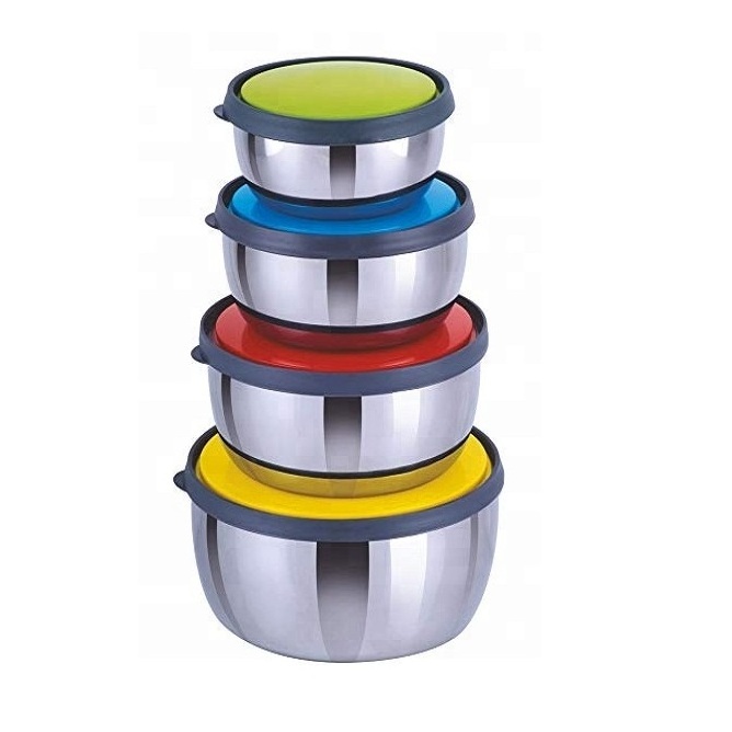 Latest Design Round Shape Stainless Steel Food Storage Bowl With Colored Lid Picnic Salad Bowl Food Storage Container Lunchbox