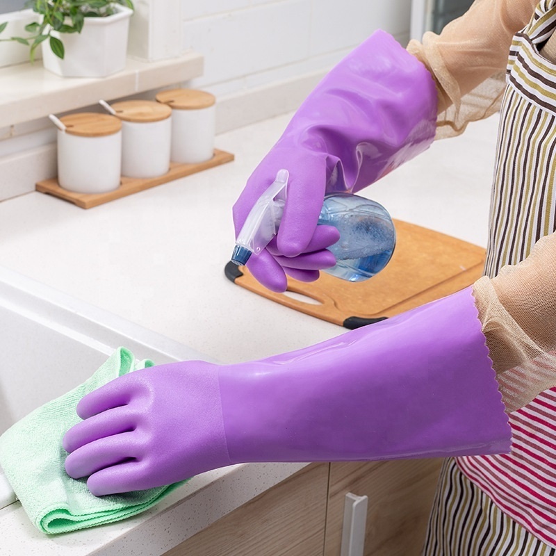 Long cuff PVC frosted one velvet waterproof oil resistant anti -slip dishwashing cleaning  room household hand safety gloves