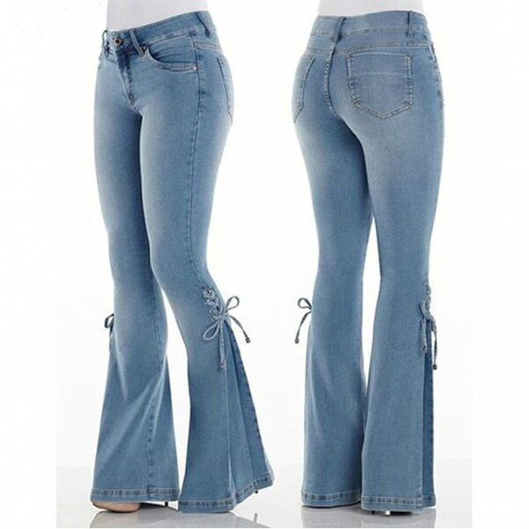 Women's Fall Fashion Mid-waist Lace-up Denim Trousers Stretch Plus Size Jeans Women's Flared Jeans