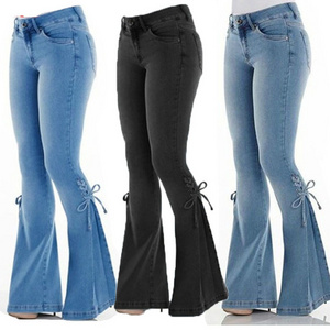 Women's Fall Fashion Mid-waist Lace-up Denim Trousers Stretch Plus Size Jeans Women's Flared Jeans