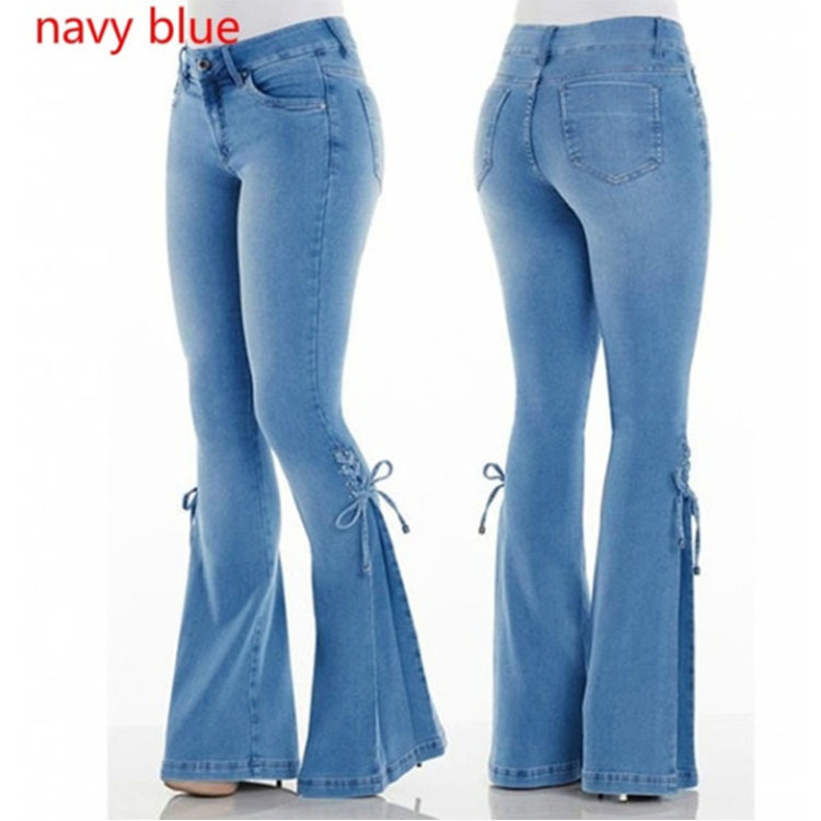 Women's Fall Fashion Mid-waist Lace-up Denim Trousers Stretch Plus Size Jeans Women's Flared Jeans