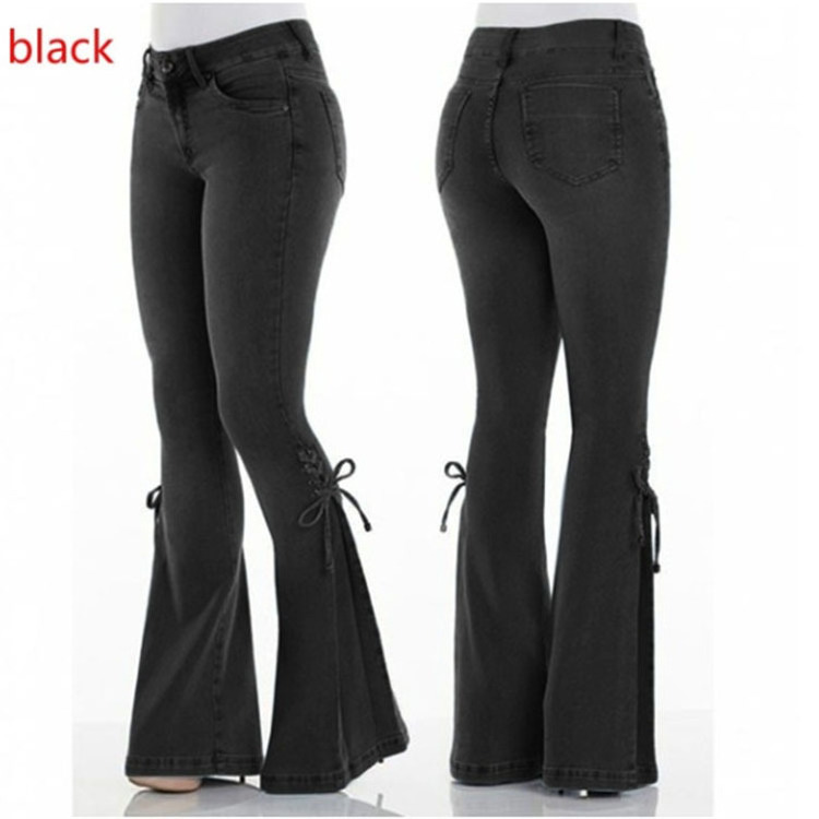 Women's Fall Fashion Mid-waist Lace-up Denim Trousers Stretch Plus Size Jeans Women's Flared Jeans