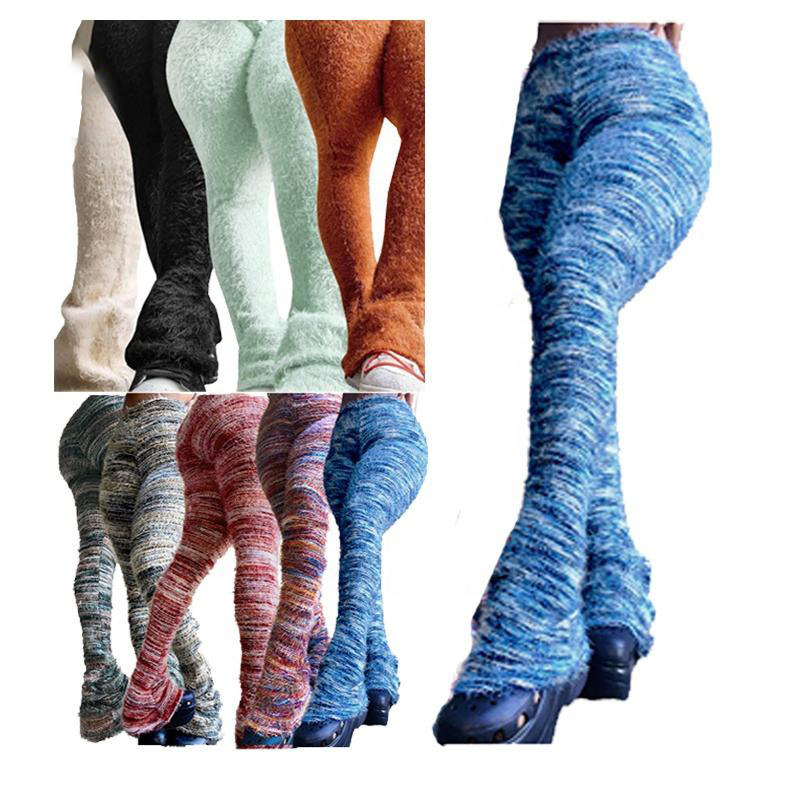 2024 New Arrivals Fashion Woman Stacked Joggers Fur Pleated Flare Pants Woman Fuzzy Stacked Sweat Pants